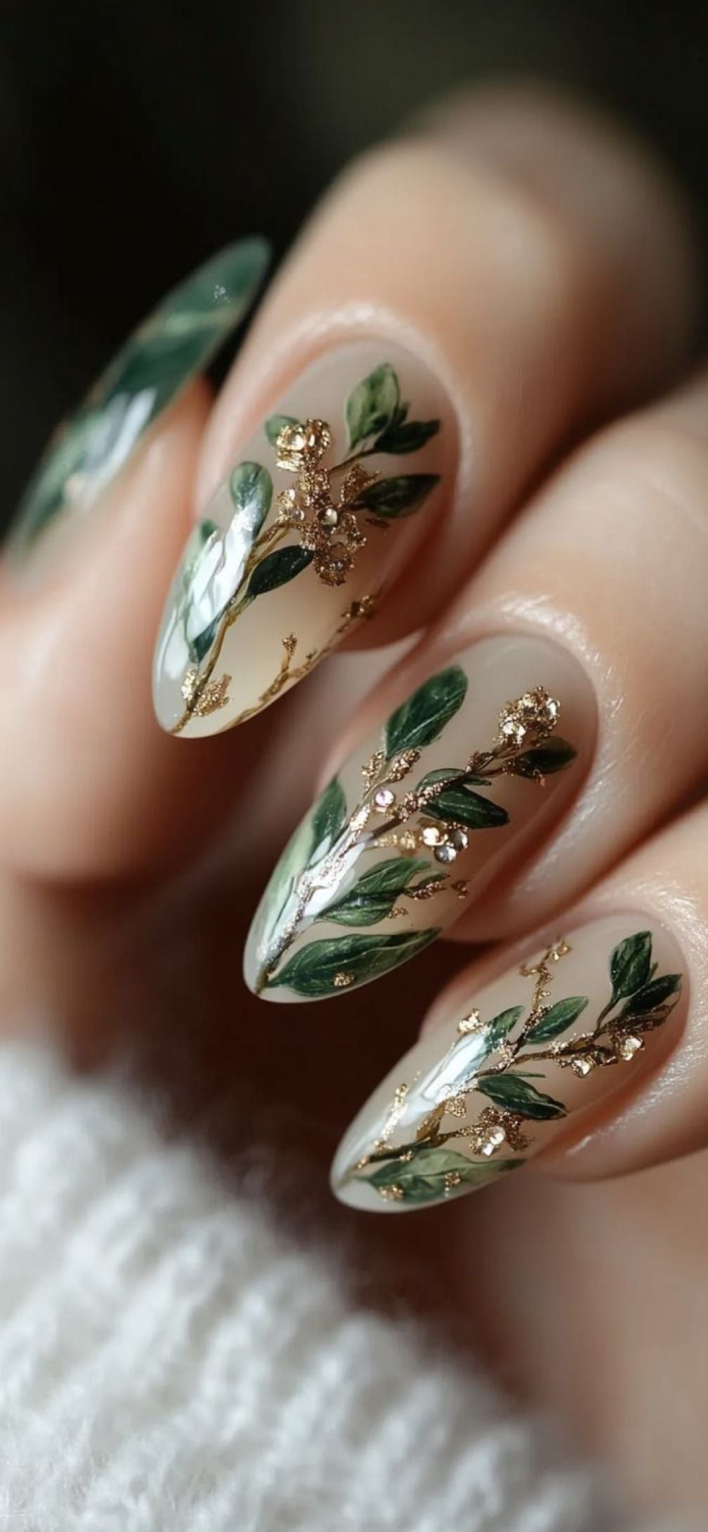 Enchanted Forest Press-On Nails | Glossy Green Leaf Nail Art with Gold Foil | Botanical Luxury Nail Set